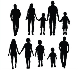 Happy family walking silhouettes, Family silhouette set, Happy family silhouette icon, Cute family silhouettes, Family vector silhouette icon