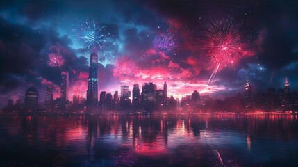 Naklejka premium High-Resolution 4K Wallpaper Featuring Futuristic Glowing City at Night Background
