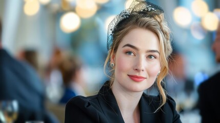 Obraz premium A glamorous evening shot of a woman in an elegant fascinator at a formal event
