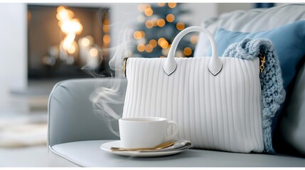 A cozy indoor scene featuring a luxurious handbag draped over a plush sofa