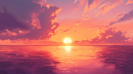 Obraz premium A sunset over a calm ocean with vibrant orange and pink hues. 