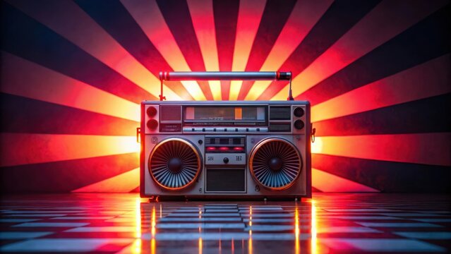 Retro Boombox with Rising Sun Flag under Moody 80s Lighting for Vintage Music Theme