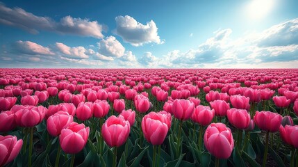 lush pink tulip field stretching towards the horizon under a clear blue sky dotted with fluffy white clouds radiating vibrant beauty and tranquility