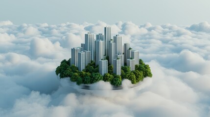 Fototapeta premium Futuristic city skyline surrounded by clouds and greenery.