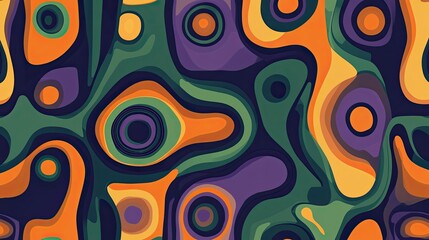 Fototapeta premium A seamless pattern of abstract shapes in green, orange, and purple, creating an eye-catching design suitable for textiles or digital backgrounds.