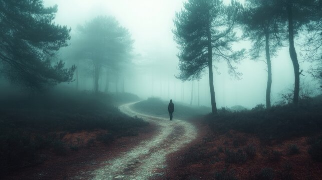 A person standing at a fork in a misty forest, looking confused and unsure, surrounded by tall trees and thick fog, evoking a sense of being lost