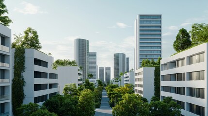 Obraz premium Modern city skyline with skyscrapers and greenery along the streets.