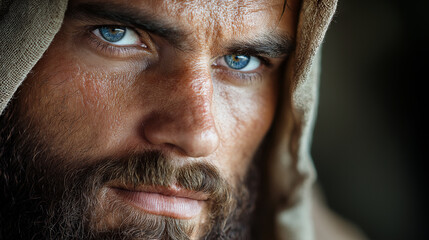 Fototapeta premium An intimate close-up of Bartholomew, showing the disciple of Jesus in a moment of reflection. His eyes convey a deep spiritual truth and honesty, his expression calm and full of fa