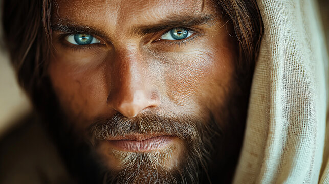 A close-up of Bartholomew, the disciple of Jesus, with a deeply sincere and contemplative expression. His eyes, filled with faith and spiritual honesty, tell the story of his devot