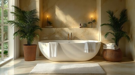 luxurious bathroom interior featuring marble finishes a large soaking tub and ambient lighting creating a serene atmosphere with soft towels and plants enhancing the tranquility