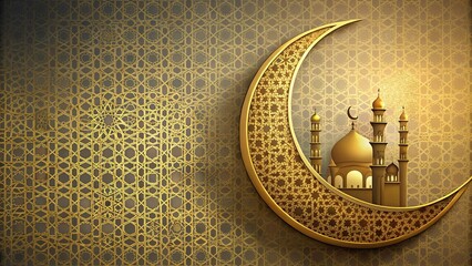 Panoramic crescent Islamic mosque for Ramadan Kareem and Eid Mubarak golden half moon background