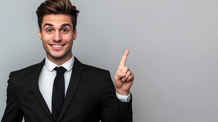 Businessman wear classic formal black suit shirt tie work in office point index finger aside on area isolated on plain grey background studio portrait. Copy space at his hand  for promotion and advert