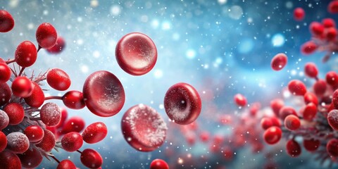Festive Winter Red Blood Cells Close-up with Snowflakes and Red Berries