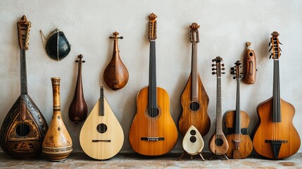 A group of musical instruments are placed against a light-colored wall.