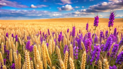 Fototapeta premium Panoramic field of wheat landscape with purple flowers in foreground