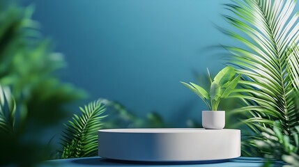 Obraz premium 3D rendering platform podium with plant product presentation background. Contemporary design with a circular podium and decorative plant. product presentation, mock-up, cosmetic display, Podium, stage