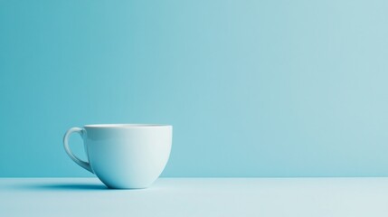 A white coffee cup sits on a blue background