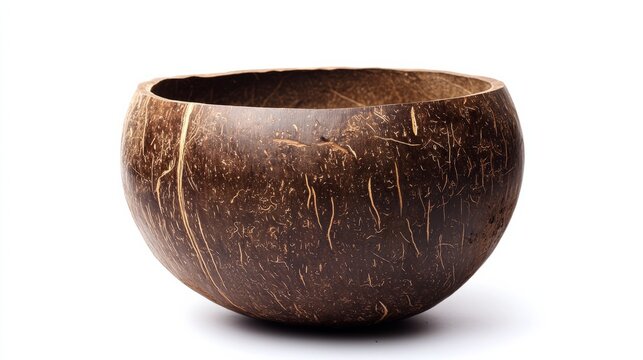 A coconut shell plant pot, polished and shaped into a natural, rustic container. Isolated on a transparent background, this item showcases sustainable gardening practices and organic aesthetics.