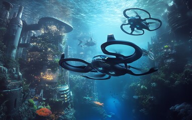 Futuristic city submerged in ocean depths, vibrant marine life surrounding sleek drones, ethereal lighting