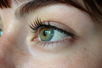 A close-up image showcasing the beautiful green eyes of a woman with natural makeup. Ideal for beauty, skincare, generative ai
