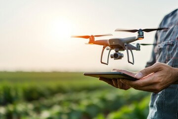 Drone hovering over a green field, controlled by a person with a digital tablet, showcasing modern agriculture technology.