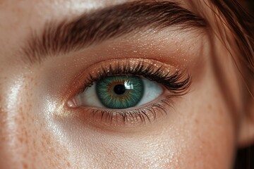 Obraz premium A close-up image showcasing the beautiful green eyes of a woman with natural makeup. Ideal for beauty, skincare, generative ai