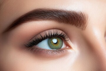 A close-up image showcasing the beautiful green eyes of a woman with natural makeup. Ideal for beauty, skincare, generative ai