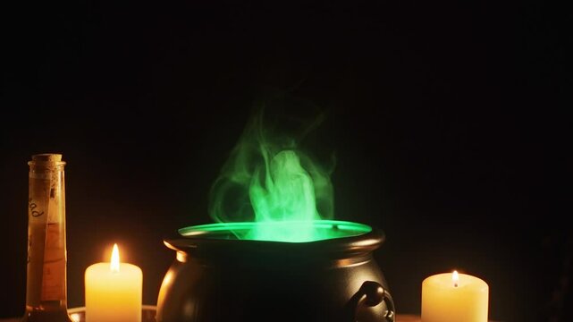 Halloween cauldron scene green glowing steam with candles