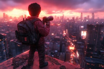 Urban Photography A Photographer Captures the City's Essence from a Rooftop Vantage Point, Witnessing the Vibrant Lights and Dramatic Skyline at Dusk
