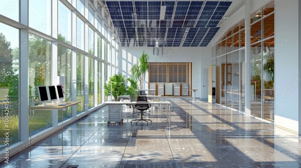 Wall mural Bright Modern Office with Solar Panels and Greenery