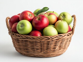 Fresh apples in a woven basket on a white isolated background.
