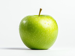 Fresh green apple with droplets on white isolated background.