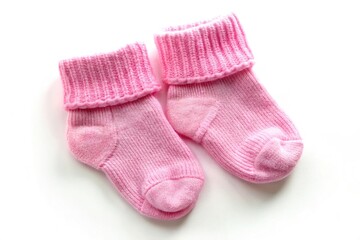 panoramic image of pink socks for a newborn on a white background
