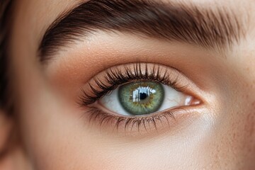 Obraz premium A close-up image showcasing the beautiful green eyes of a woman with natural makeup. Ideal for beauty, skincare, generative ai