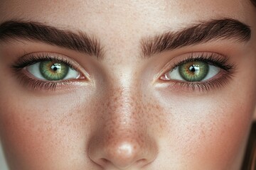 Obraz premium A close-up image showcasing the beautiful green eyes of a woman with natural makeup. Ideal for beauty, skincare, generative ai