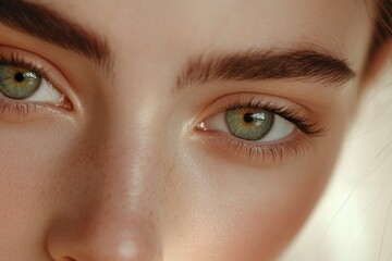 Obraz premium A close-up image showcasing the beautiful green eyes of a woman with natural makeup. Ideal for beauty, skincare, generative ai