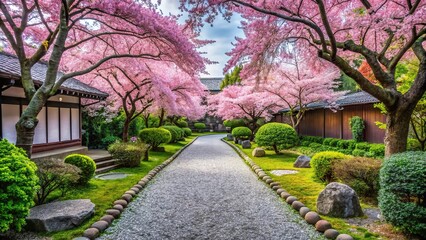 Panoramic Japanese style garden with cherry blossoms and serene atmosphere