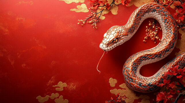 Chinese New Year, year of the snake. Chinese snake on a red background, with copy space. New Year 2025