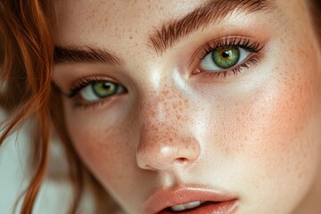 Fototapeta premium A close-up image showcasing the beautiful green eyes of a woman with natural makeup. Ideal for beauty, skincare, generative ai