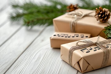 White wooden background with music notes and space for text, flat lay composition for Christmas celebration.
