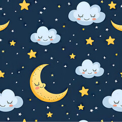 Fototapeta premium Cute pattern with smiling clouds, moons, and stars on a blue background. Whimsical and playful design, perfect for children's themes