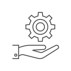 Icon of a hand holding a gear, symbolizing service, support, or technical assistance.