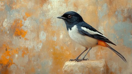 magpierobin perched gracefully with its striking black and white feathers and vibrant accents embodying a sense of reverence against a soft natural backdrop