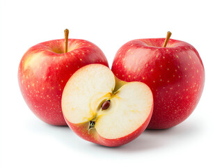 Fresh red apples on white background, one apple sliced in half to reveal inside.