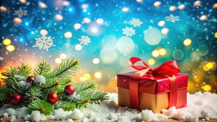 Christmas Background with Snow Effect Gift Box and White Snowflakes for Happy New Year Card Design