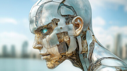 Futuristic robotic head showcasing a blend of metallic and human-like features with a glowing blue eye
