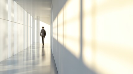 Fototapeta premium A solitary figure walks down a bright, minimalistic corridor, suggesting contemplation and focus.