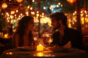 A couple enjoying a romantic dinner at a candlelit restaurant, clinking wine glasses and smiling.