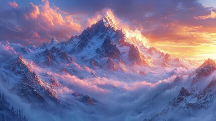 Obraz premium majestic mountain range at sunrise with soft clouds enveloping the peaks evoking a sense of awe and tranquility in natures beauty