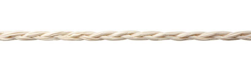 twisted white elastic rubber rope string isolated white background, synthetic material with flexible strong cord of woven multiple strands close-up view